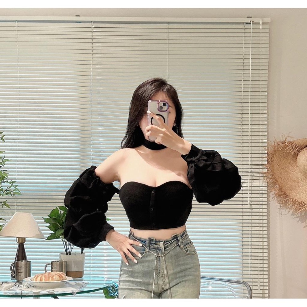 [Sunlight服飾 馬上出貨✨整套打配系列😆］可拆式平口蓬蓬袖短版上衣（有胸墊、平口內有膠條不會往下滑掉👍）-細節圖5