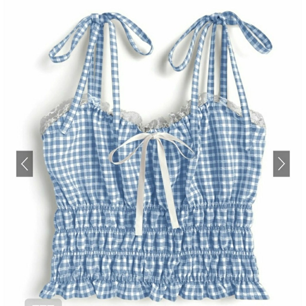 全新正貨🔥日本GRL 宋智雅 蕾絲蝴蝶結格紋綁帶短版背心-細節圖2