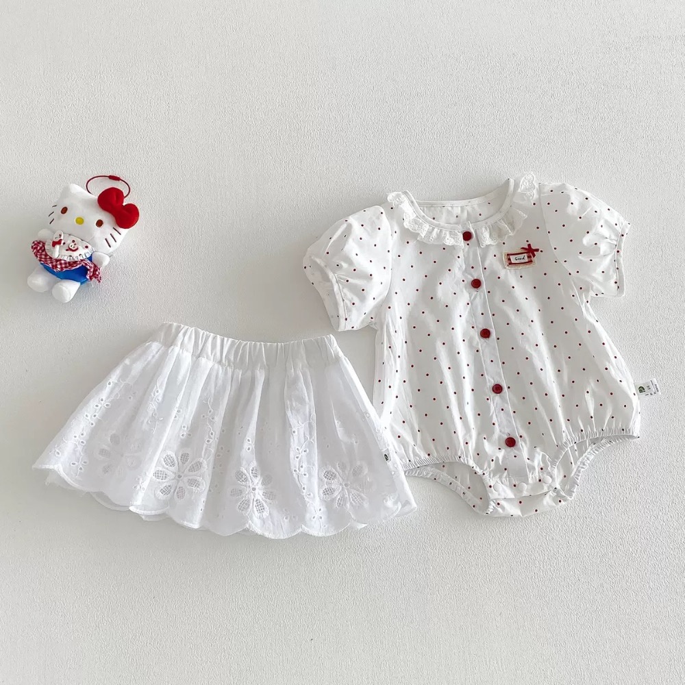 【26050🌼2026夏季🌼波點短袖三角哈衣蕾絲短裙兩件套裝】-細節圖2