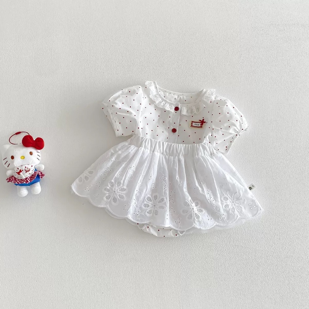 【26050🌼2026夏季🌼波點短袖三角哈衣蕾絲短裙兩件套裝】-細節圖3