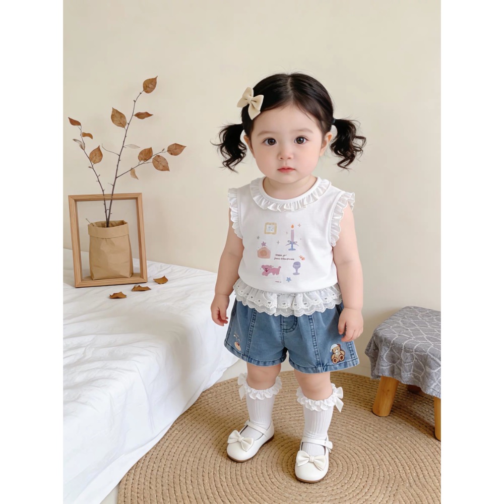 【 26097║ 🌼2026夏季🌼印花圖無袖花邊領上衣+牛仔短褲兩件套裝】-細節圖2