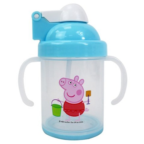 ⭐敦景⭐台灣製 佩佩豬 防滑自動吸管杯 (240cc) 粉紅豬 學習杯 握把杯 喝水杯 塑膠杯-細節圖3
