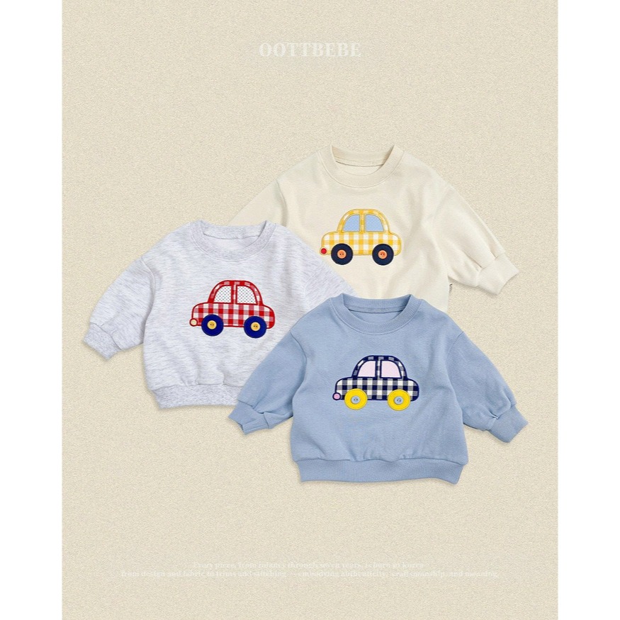 小韓舍✦正韓童裝-OOTTbebe-格紋小汽車刺繡大學 T-細節圖10