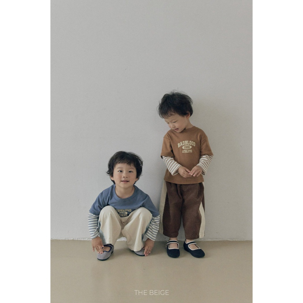 小韓舍✦正韓童裝-The beige-側條紋拼接燈芯絨長褲-細節圖3