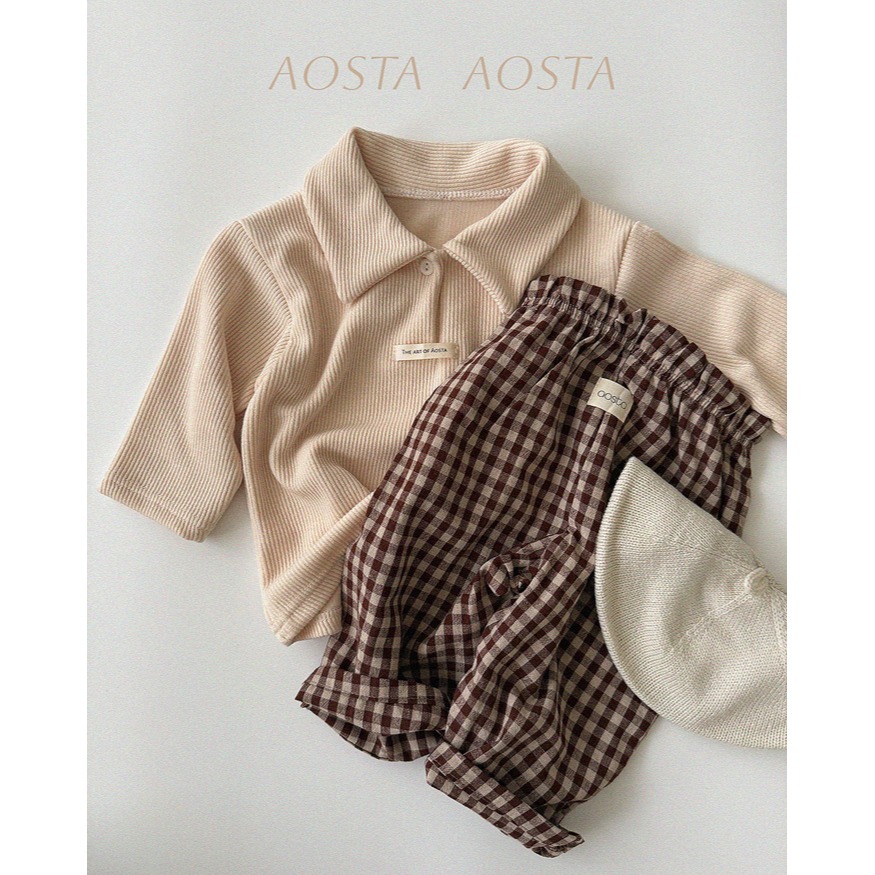 小韓舍✦正韓童裝-Aosta-復古彩繪格紋鬆緊腰直筒休閒褲-細節圖8