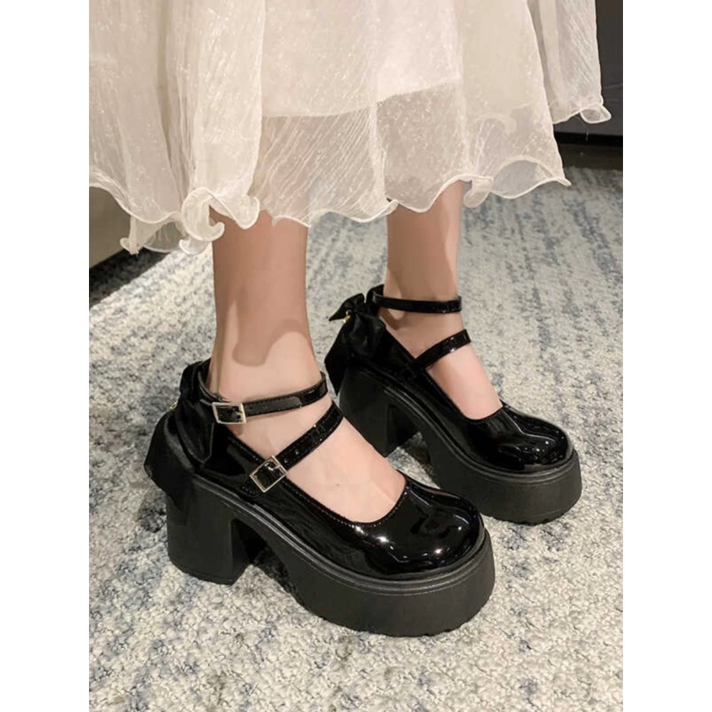 全新｜復古黑漆皮珍珠蝴蝶結瑪麗珍粗跟鞋 39/24.5｜防水台不累腳-細節圖2