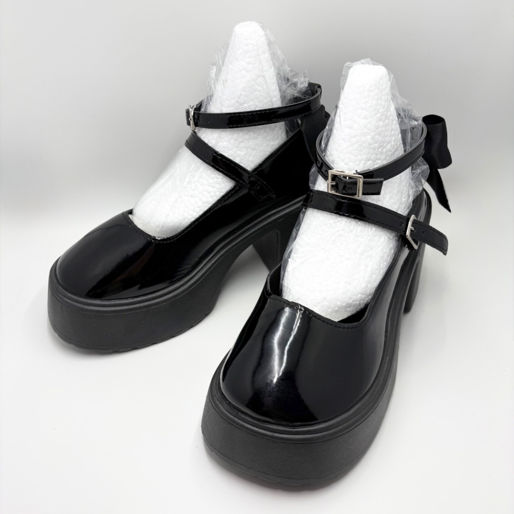 全新｜復古黑漆皮珍珠蝴蝶結瑪麗珍粗跟鞋 39/24.5｜防水台不累腳-細節圖3