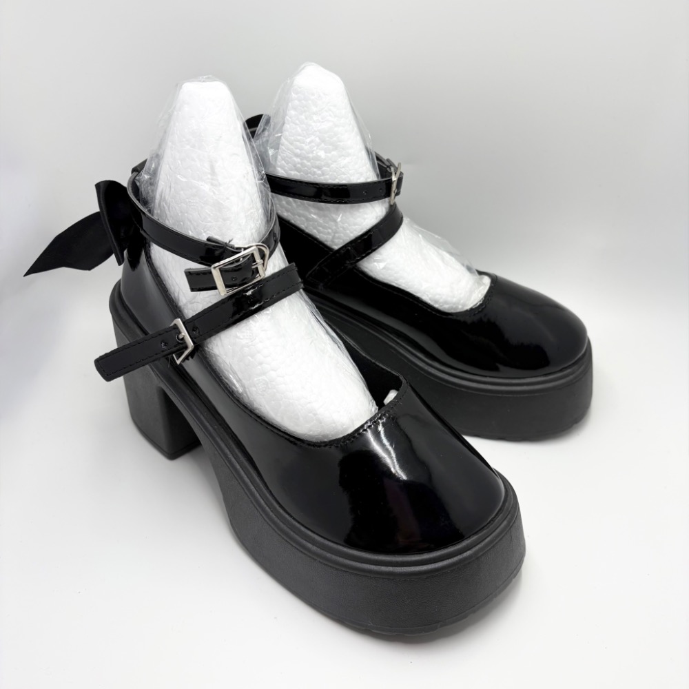 全新｜復古黑漆皮珍珠蝴蝶結瑪麗珍粗跟鞋 39/24.5｜防水台不累腳-細節圖4