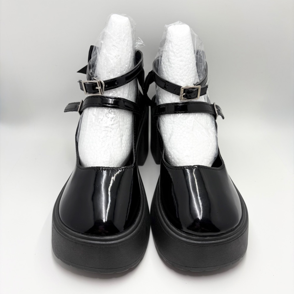 全新｜復古黑漆皮珍珠蝴蝶結瑪麗珍粗跟鞋 39/24.5｜防水台不累腳-細節圖5