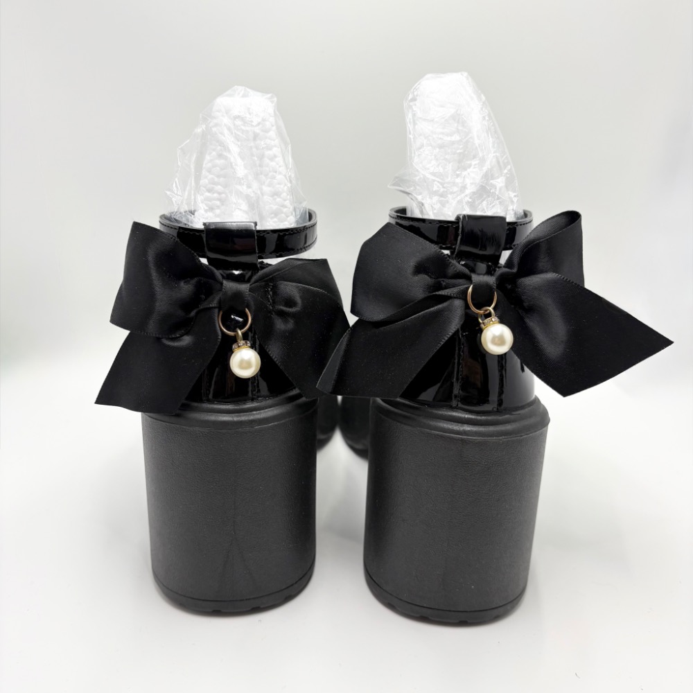 全新｜復古黑漆皮珍珠蝴蝶結瑪麗珍粗跟鞋 39/24.5｜防水台不累腳-細節圖6