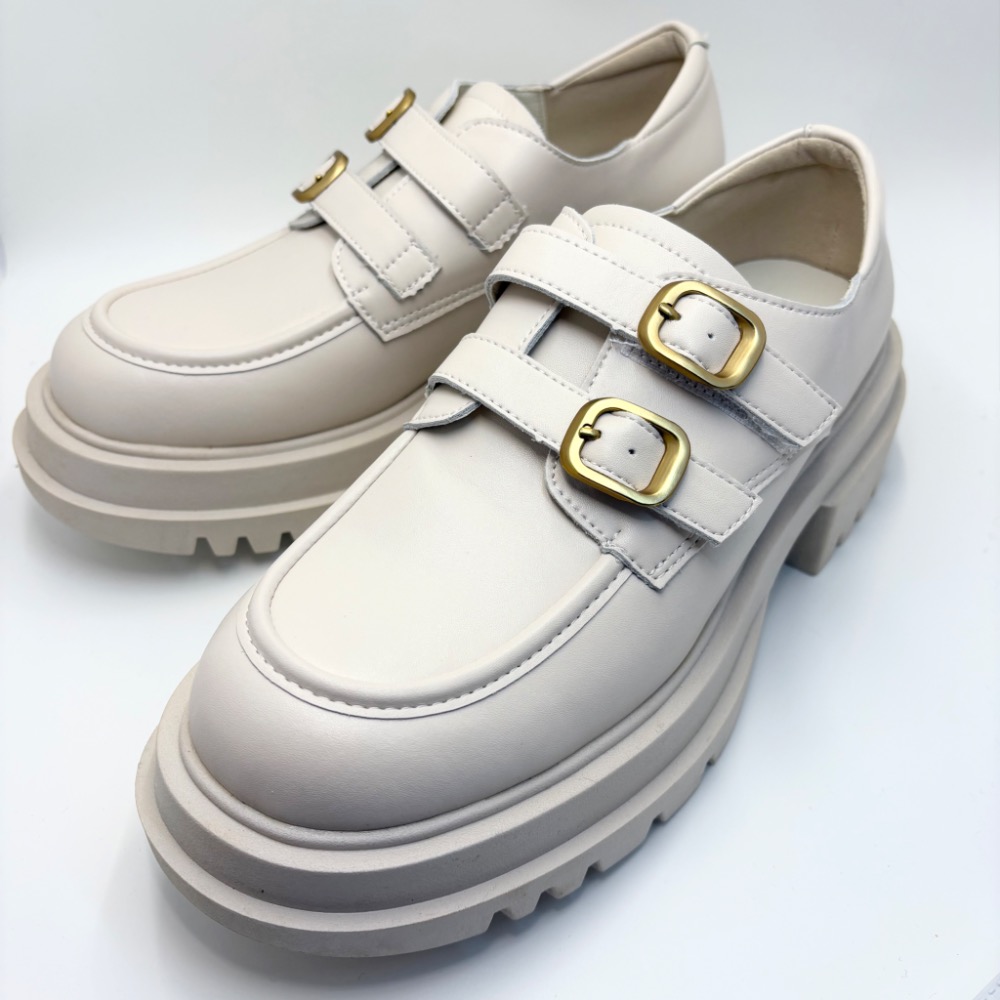 全新米白英倫風厚底粗跟真皮鞋｜6cm顯高不累腳｜39碼現貨-細節圖2