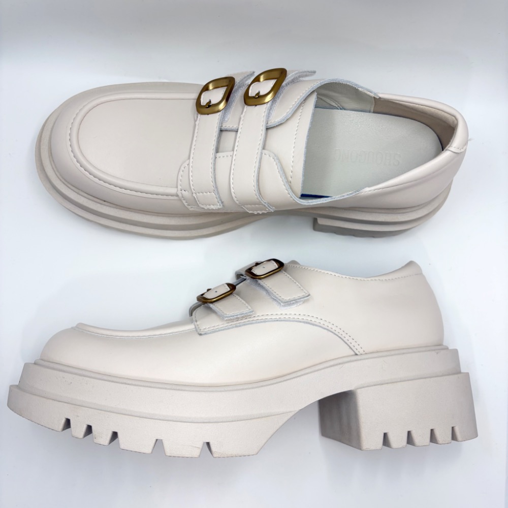 全新米白英倫風厚底粗跟真皮鞋｜6cm顯高不累腳｜39碼現貨-細節圖5