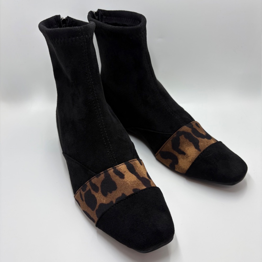 🔥【一穿就顯瘦】韓系方頭豹紋拼接內增高短靴｜低調性感系必收24.5適合-細節圖2