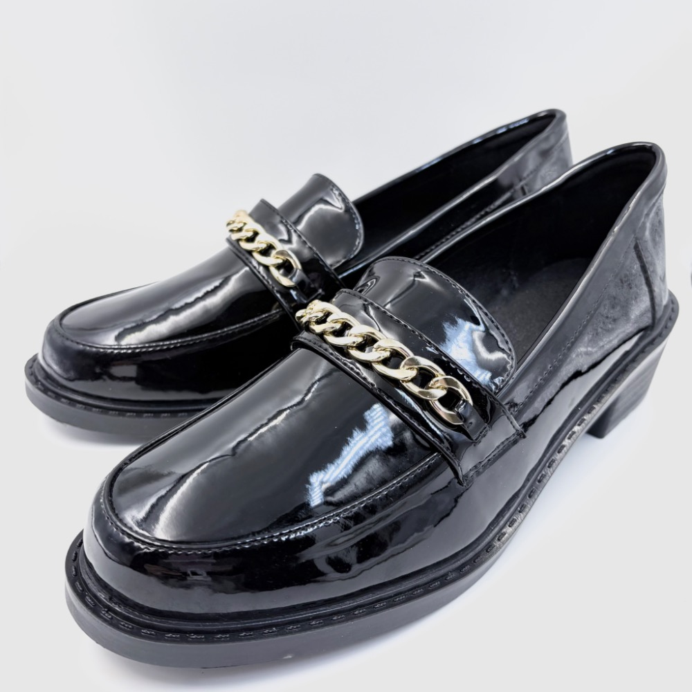 ✨全新黑色漆皮金鏈條樂福跟鞋｜一穿就有氣勢的通勤神鞋｜25cm✨-細節圖2