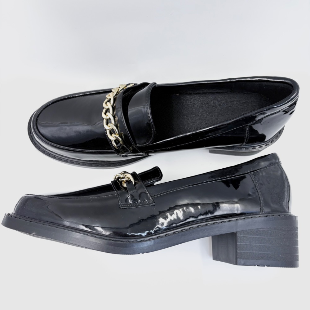 ✨全新黑色漆皮金鏈條樂福跟鞋｜一穿就有氣勢的通勤神鞋｜25cm✨-細節圖5