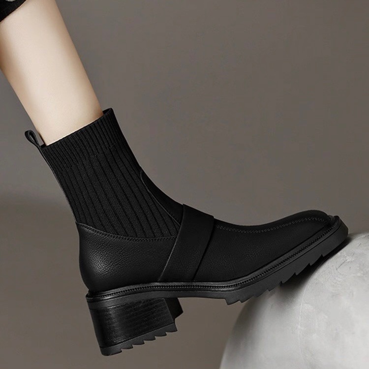 全新質感黑真皮襪靴🖤顯瘦針織拼接設計｜一穿腿型直接變好看39/24.5-細節圖2