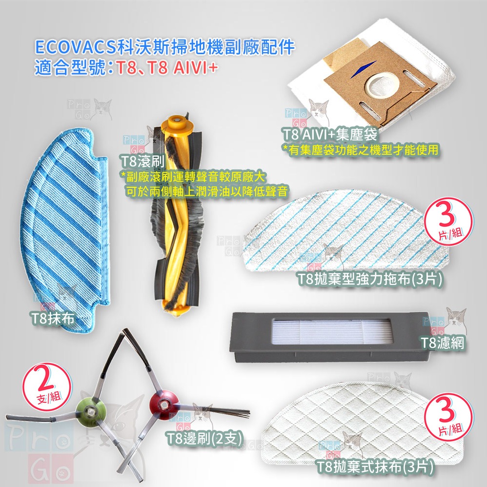 【ProGo】 ECOVACS 科沃斯 掃地機 T8 邊刷 抹布 濾網 主刷 副廠掃地吸地拖地機 T8 AIVI+-細節圖2