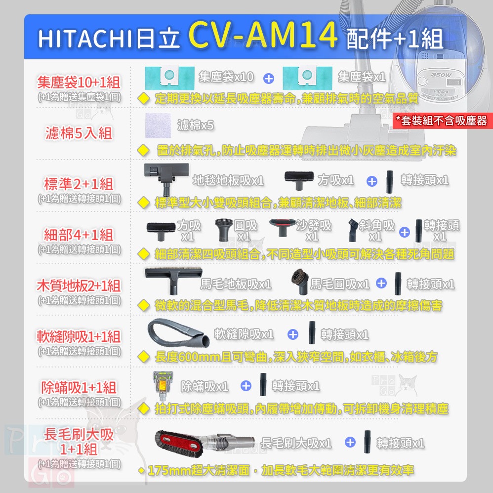 【ProGo】 HITACHI 日立 CV-AM14 吸塵器 細部4+1組（方吸+圓吸+斜角吸+沙發吸+贈轉接頭）-細節圖2