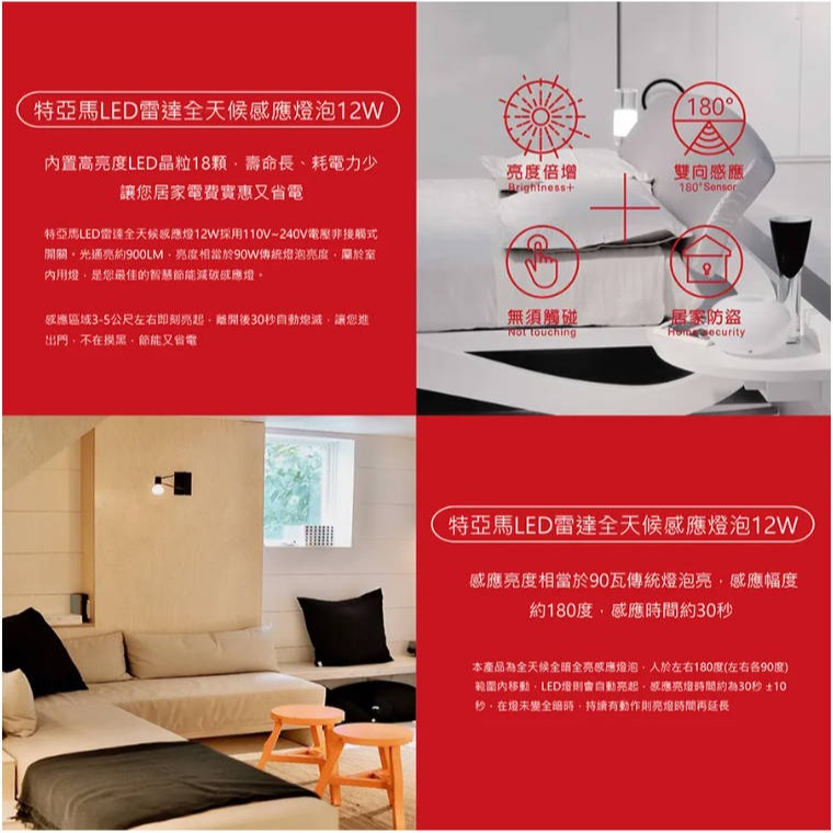 TOYAMA 特亞馬 LED雷達微波全天候感應燈泡 12W 全暗全亮型 – E27螺旋型-細節圖4