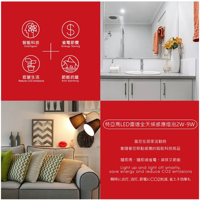 TOYAMA 特亞馬 LED雷達微波全天候感應燈泡 2W – 9W 微亮全亮型 – E27螺旋型-細節圖2