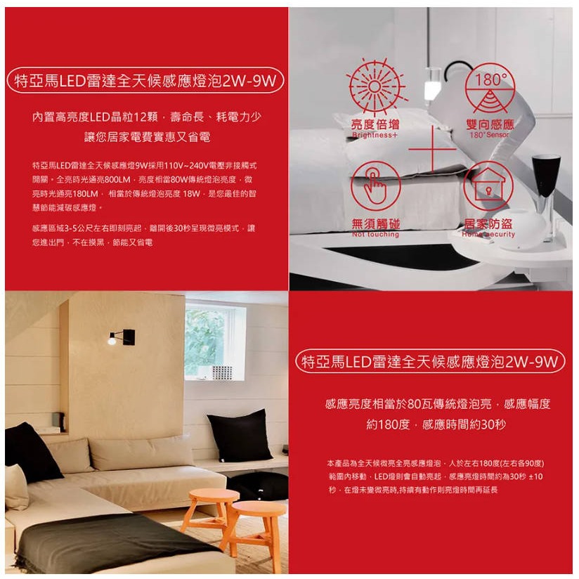 TOYAMA 特亞馬 LED雷達微波全天候感應燈泡 2W – 9W 微亮全亮型 – E27螺旋型-細節圖4