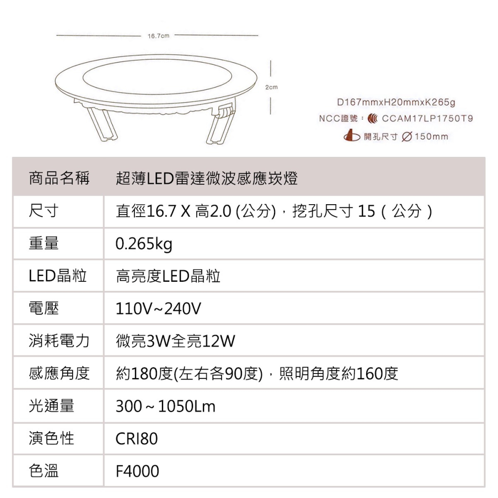 TOYAMA 特亞馬 3～12W超薄LED雷達微波感應崁燈微亮全亮型15cm-細節圖8