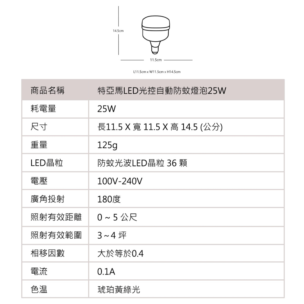 🚛〖TOYAMA特亞馬〗LED 非光控 防蚊燈泡 8W/13W/25W/50W-琥珀色(黃綠光) 驅蚊 等待期較長-細節圖8