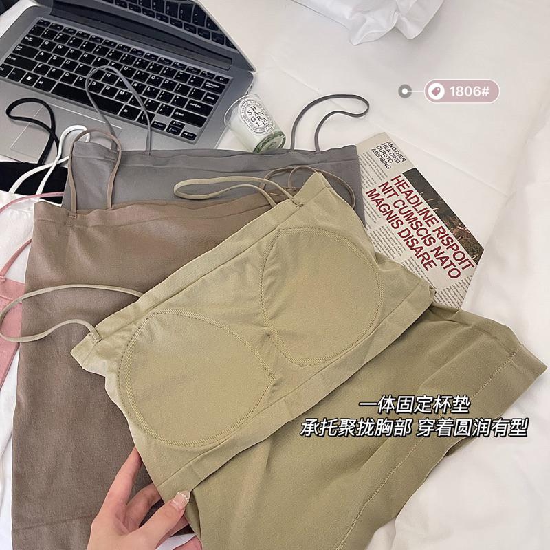 BJ商城🇹🇼韓版平口細肩內搭背心 帶胸墊免穿內衣 上衣 小可愛 女裝 背心女 衣服 短版上衣-細節圖9