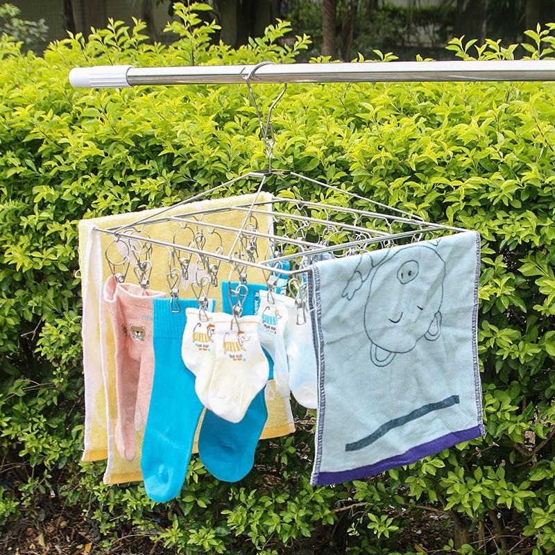 ［BJ商城］台灣現貨🇹🇼 不鏽鋼方型涼襪架 多夾子衣架 金屬襪夾晾衣架防風曬襪架-細節圖7