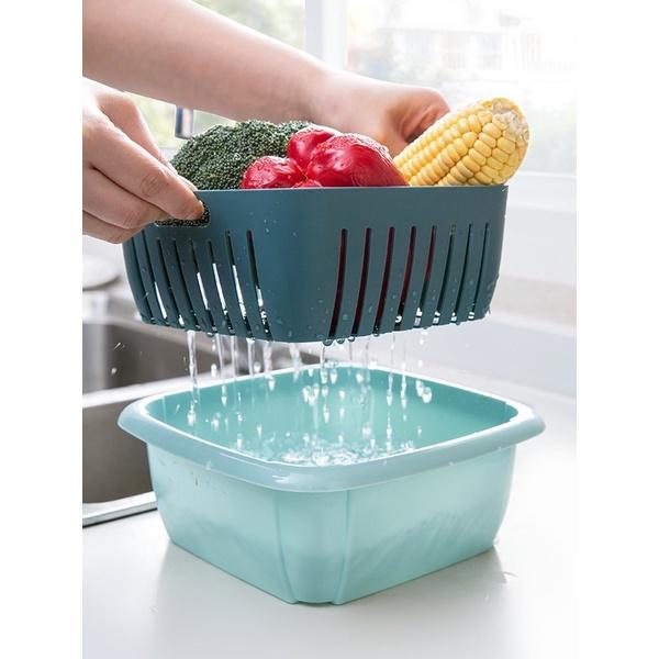 [BJ商城］台灣現貨🇹🇼北歐水果蔬菜瀝水籃 雙層洗菜籃 蔬果藍 洗菜藍 瀝水盆 廚房用品 居家用品 水果籃 廚具 洗菜盆-細節圖3