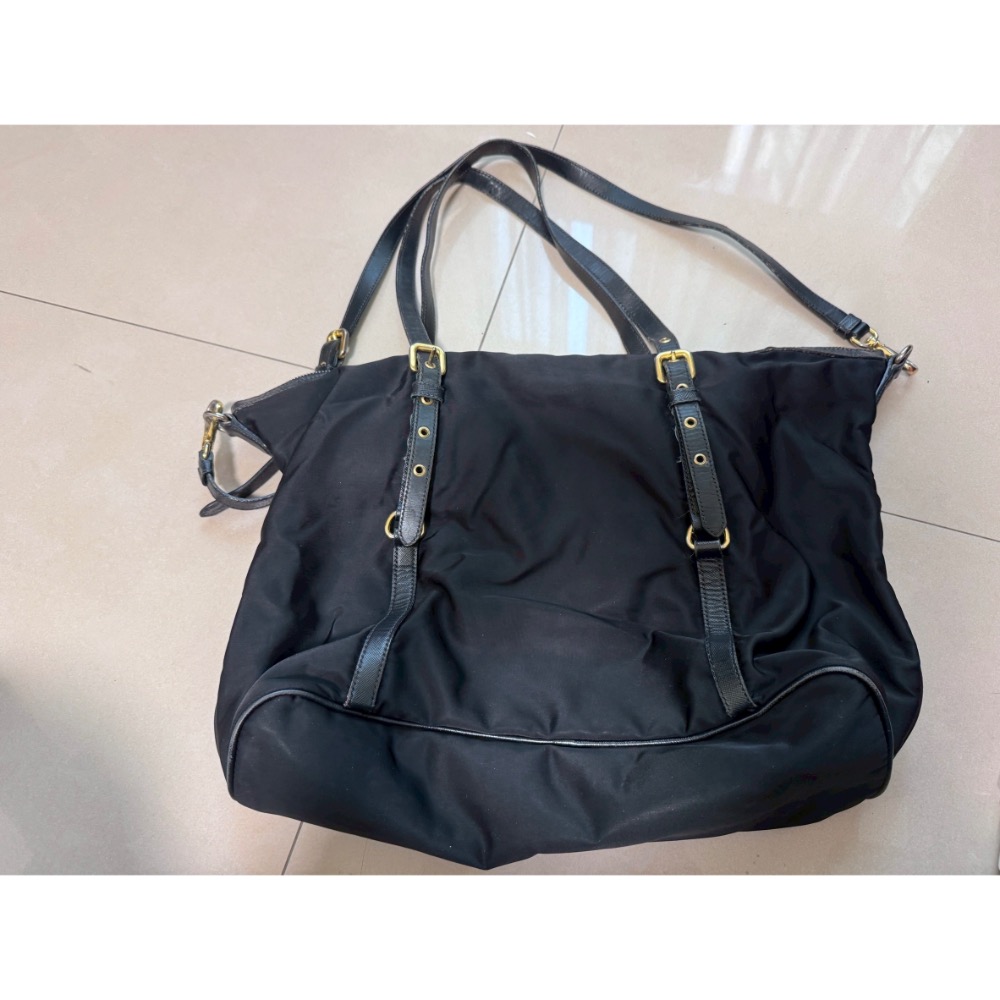 Prada 普拉達黑色尼龍布皮飾邊兩用斜背/托特包-細節圖2