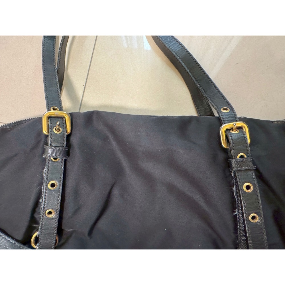 Prada 普拉達黑色尼龍布皮飾邊兩用斜背/托特包-細節圖5