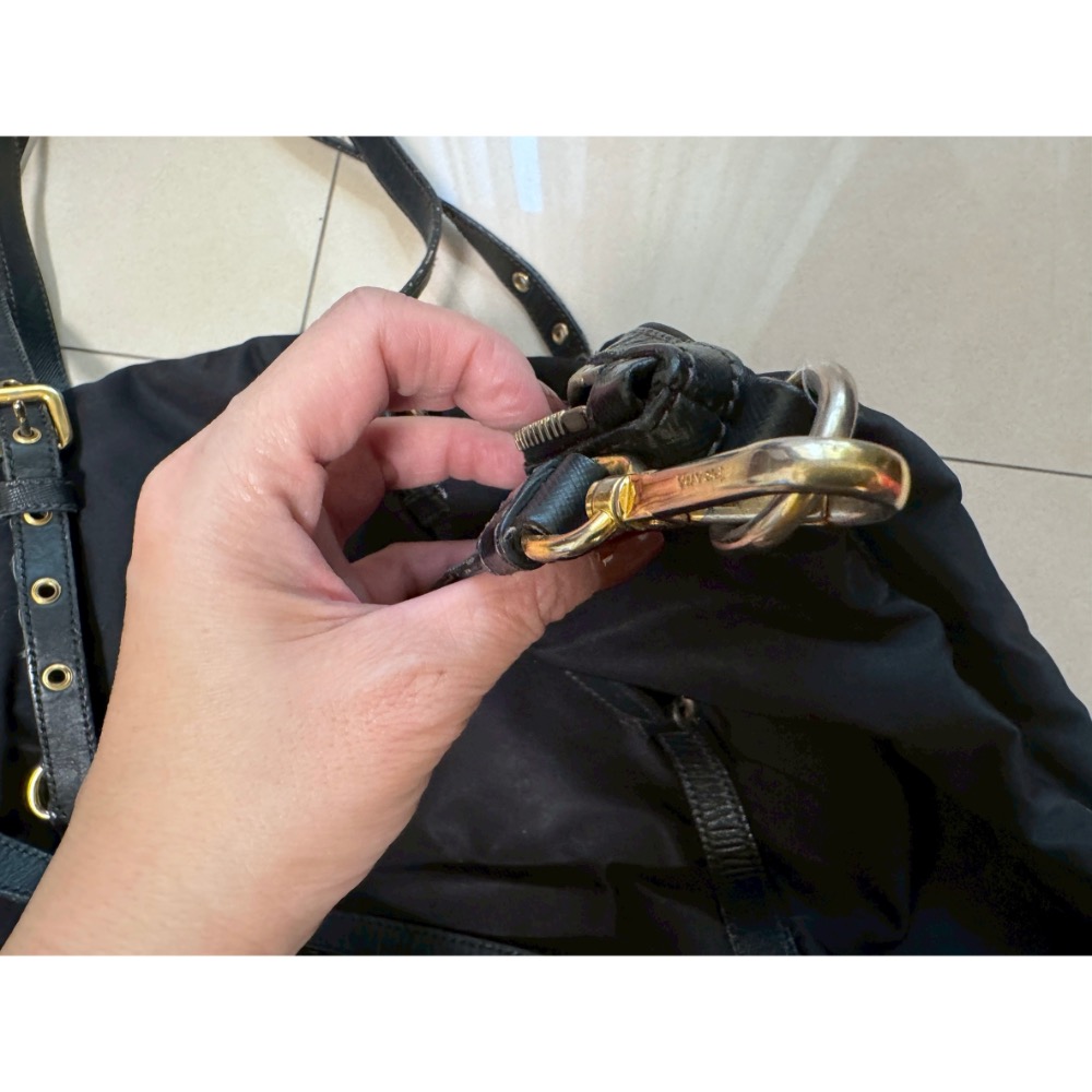 Prada 普拉達黑色尼龍布皮飾邊兩用斜背/托特包-細節圖6