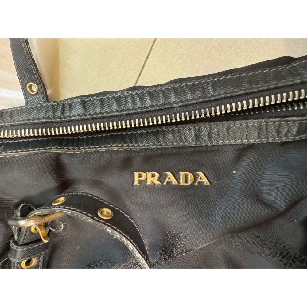 Prada 普拉達黑色尼龍布皮飾邊兩用斜背/托特包-細節圖8
