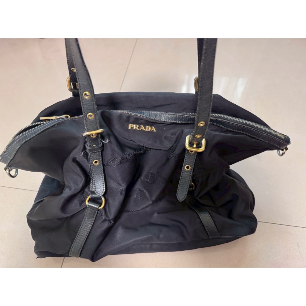 Prada 普拉達黑色尼龍布皮飾邊兩用斜背/托特包-細節圖11