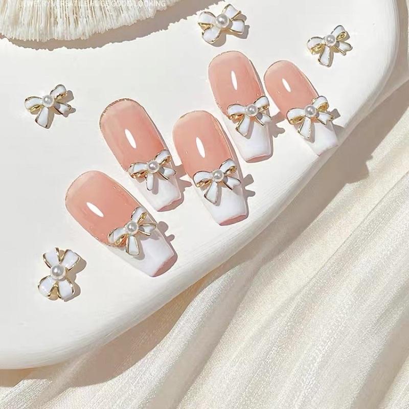 美甲蝴蝶結合金飾品鑲珍珠小香風指甲配飾鑽石2022年新款網紅鑽飾-細節圖4