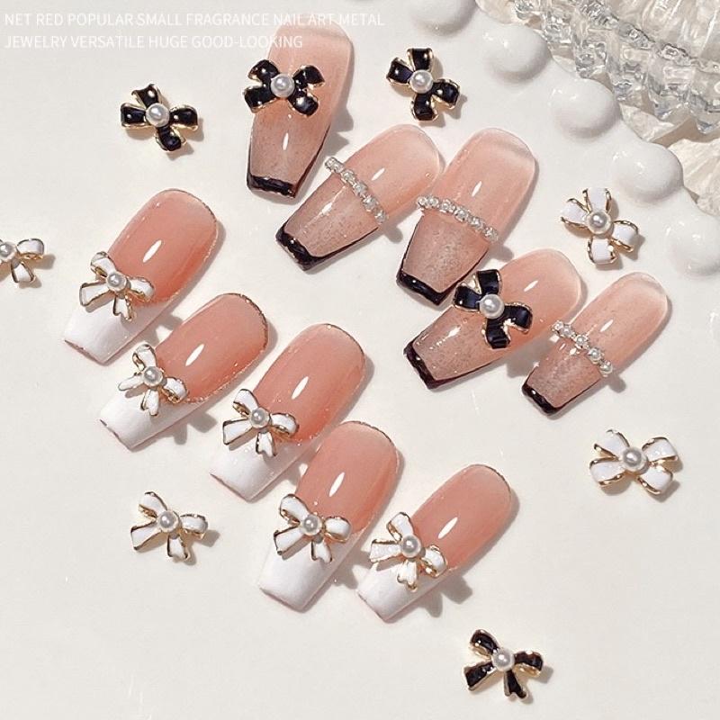 美甲蝴蝶結合金飾品鑲珍珠小香風指甲配飾鑽石2022年新款網紅鑽飾-細節圖8
