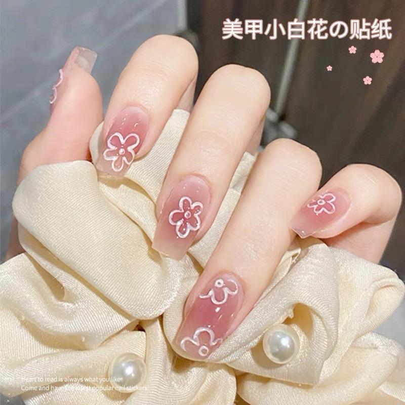 美甲貼紙白色花朵冰花貼紙 小白花指甲貼防水帶背膠指甲貼-細節圖3