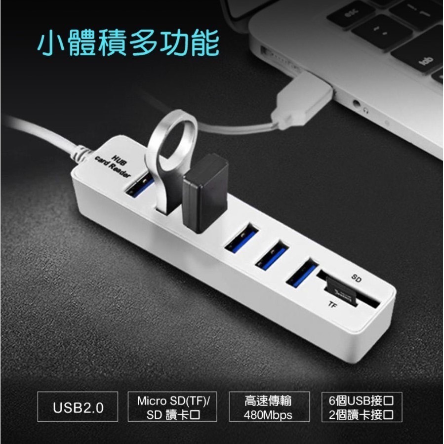 6孔USB讀卡機 HUB 擴充 集線器 USB多孔 隨插即用 迷你讀卡機 記憶卡 讀卡機 延長線-細節圖3