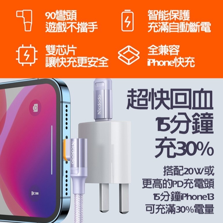 Mcdodo 麥多多 CA-126 彎頭PD智能斷電線 1.2米 TYPE-C TO IPHONE充電線 智能斷電-細節圖3