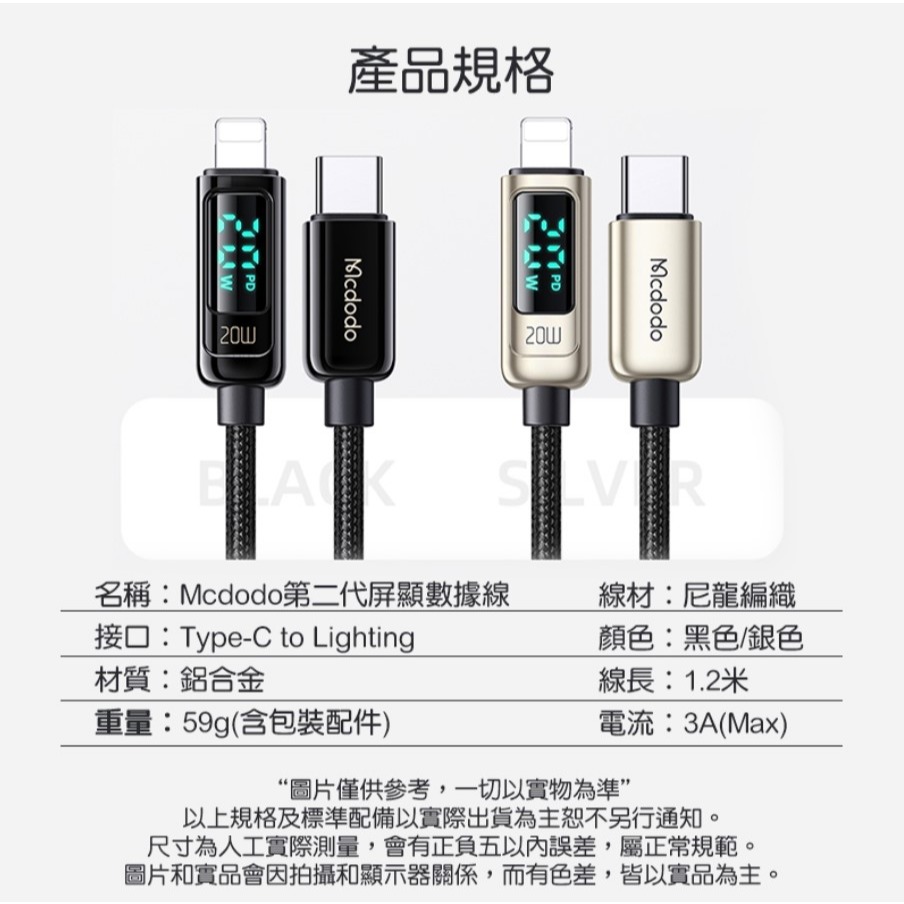 麥多多 CA881 智能屏顯數據線 1.2米 IOS全系列相容 Type-C to Lighting PD快充 充電線-細節圖8