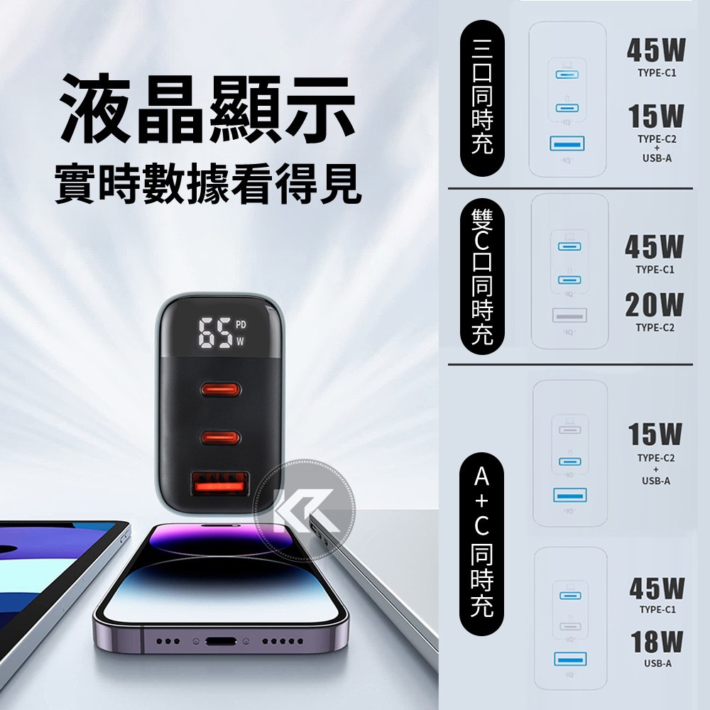 65W氮化鎵充電頭 快充頭 三孔數顯快充頭 TYPE-C快充頭 三孔充電頭 手機充電器 筆電充電器 CYKE充電器-細節圖6