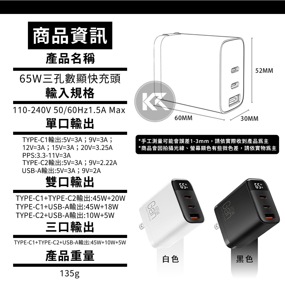 65W氮化鎵充電頭 快充頭 三孔數顯快充頭 TYPE-C快充頭 三孔充電頭 手機充電器 筆電充電器 CYKE充電器-細節圖9