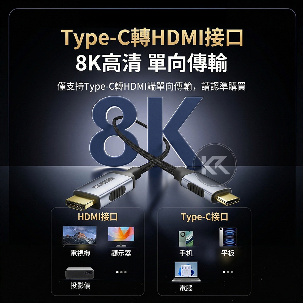 Type-c轉hdmi 8K 60Hz 螢幕轉換線 影音傳輸線 高清投屏 手機投影 平板投影 1.2米 2米 3米-細節圖2