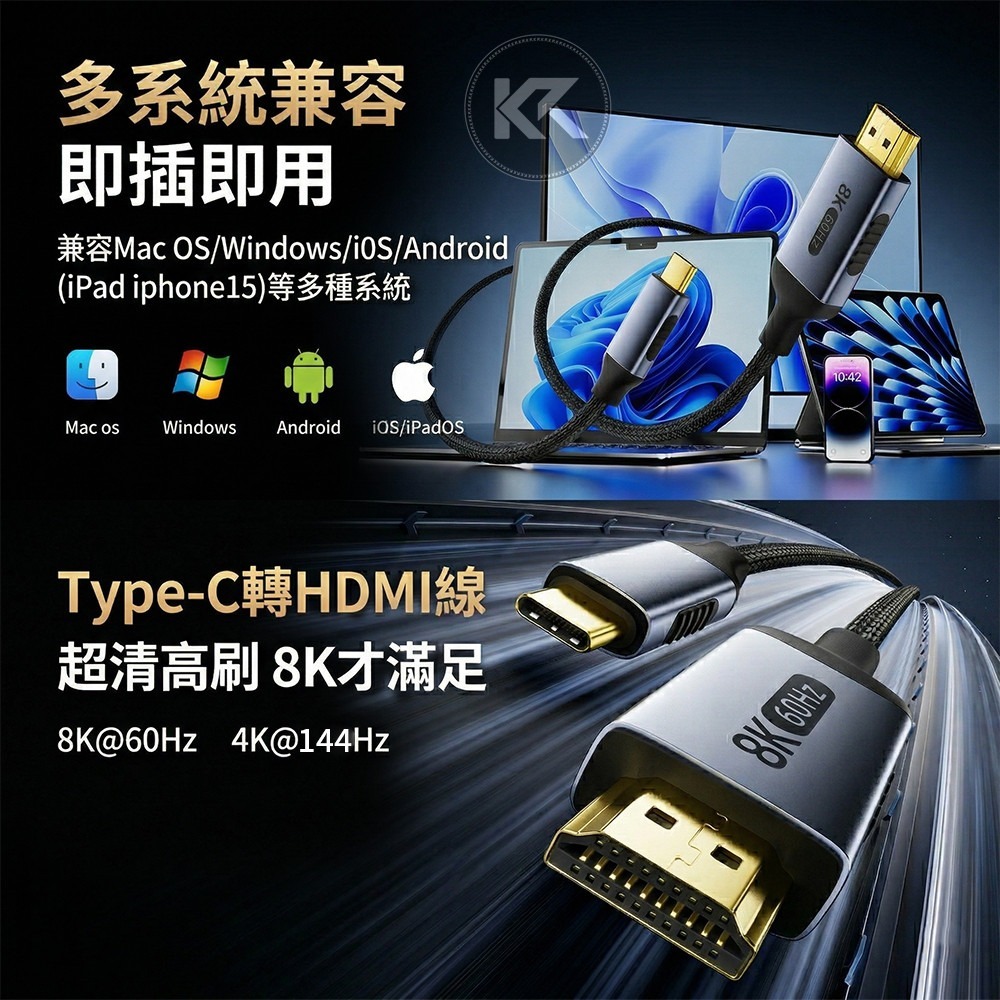 Type-c轉hdmi 8K 60Hz 螢幕轉換線 影音傳輸線 高清投屏 手機投影 平板投影 1.2米 2米 3米-細節圖8