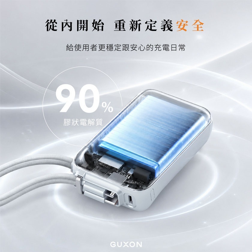 GUXON 極方塊雙線行動電源 半固態電芯 行動電源 10000mAh 自帶線行動電源 固態行動電源 機身Wh標示-細節圖6