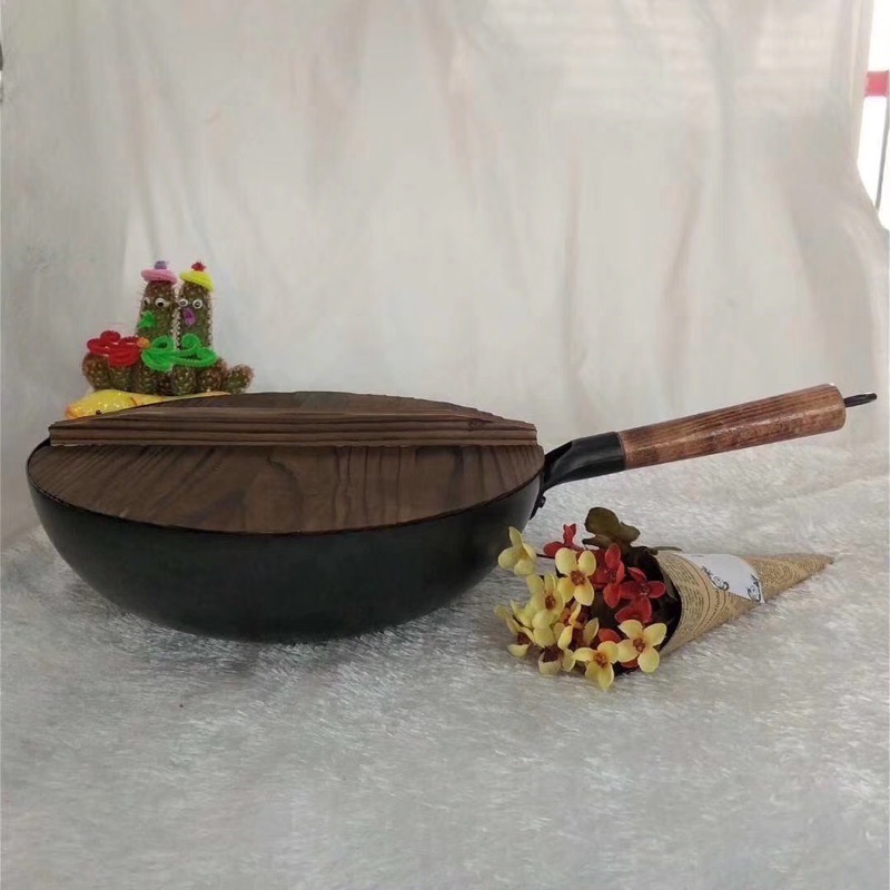 32cm不易沾老鐵鍋 章丘老鐵鍋 鐵鍋 炒鍋 贈送杉木鍋蓋-細節圖2