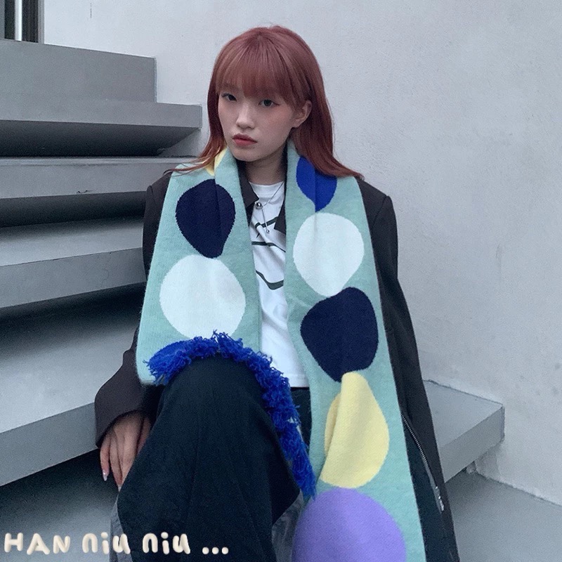 ʜᴀɴɴɪᴜ☺︎︎聖誕交換禮物🎁日系風🟠波點拼色圖騰 保暖針織圍巾/保暖圍脖/造型圍巾 19015-細節圖2