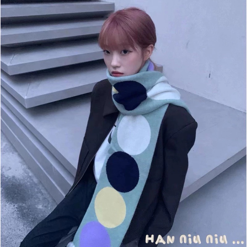 ʜᴀɴɴɪᴜ☺︎︎聖誕交換禮物🎁日系風🟠波點拼色圖騰 保暖針織圍巾/保暖圍脖/造型圍巾 19015-細節圖3