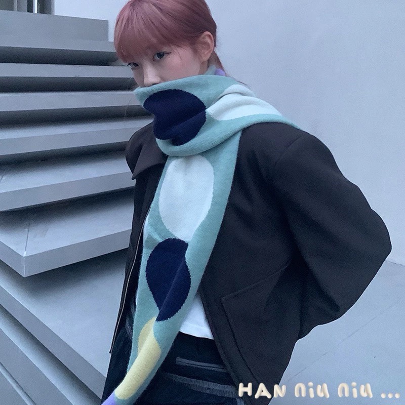 ʜᴀɴɴɪᴜ☺︎︎聖誕交換禮物🎁日系風🟠波點拼色圖騰 保暖針織圍巾/保暖圍脖/造型圍巾 19015-細節圖4